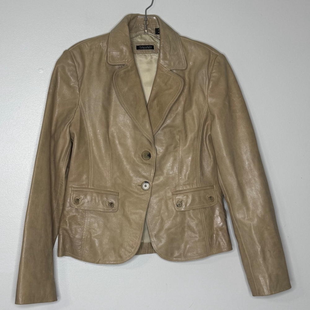 Tahari Tan 100% Leather Fitted Western Blazer Jacket Women’s M